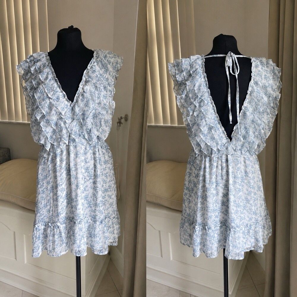 Pookie Sebastian ruffle chiffon mini floral blue dress deep v neck backless L